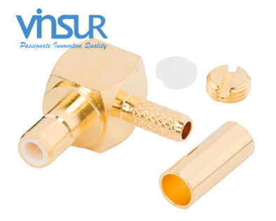 11622014 -- RF CONNECTOR - 50OHMS, SMB FEMALE, RIGHT ANGLE, CRIMP TYPE, RG316, RG174, RG188, LMR100 CABLE